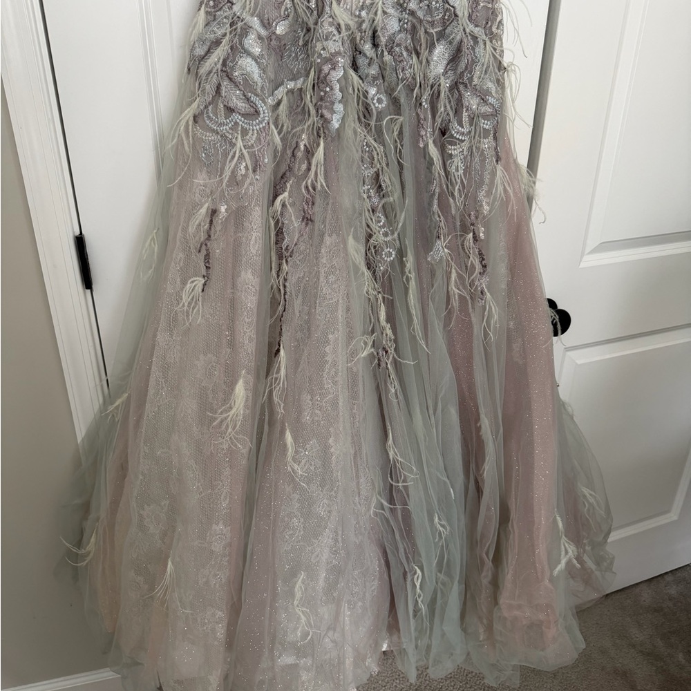MacDuggal Seamist Feathered Embroidered Gown - Size 10 - Picture 12 of 15